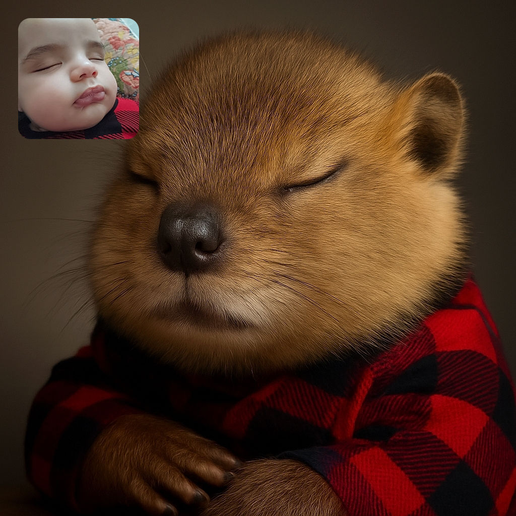 A close-up photo of a peacefully sleeping baby with chubby cheeks and closed eyes, wearing a red and black checkered outfit, resting on a colorful quilted blanket.