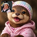 A beaming baby in a pastel knit hat cracks a huge gummy grin while snug in a car seat — harness buckled, tiny hearts on the outfit, and a warning label making a cameo in the corner. Pure joy and sticky-finger charisma.