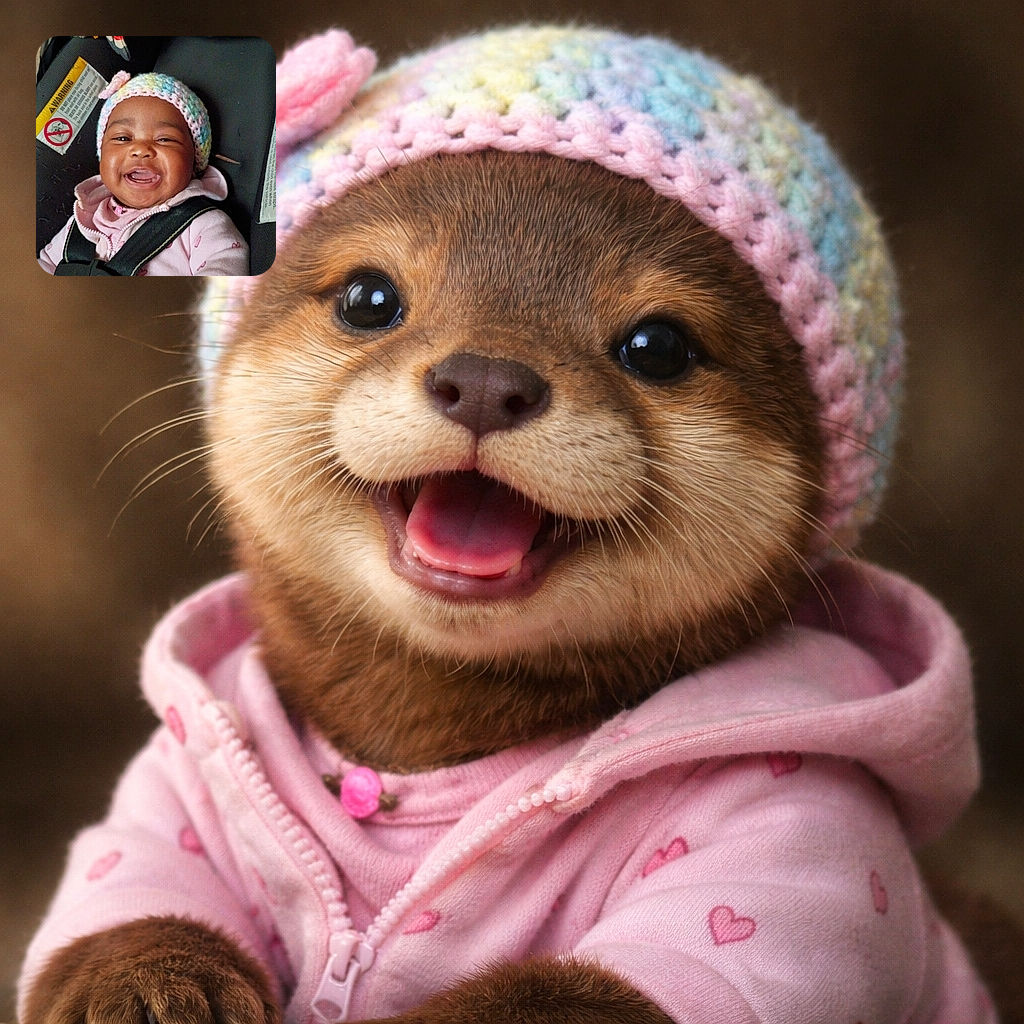 A beaming baby in a pastel knit hat cracks a huge gummy grin while snug in a car seat — harness buckled, tiny hearts on the outfit, and a warning label making a cameo in the corner. Pure joy and sticky-finger charisma.