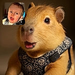 A close-up of a curious baby with sparkling eyes and an open mouth, dressed in a patterned harness, bathed in warm sunlight that highlights the softness of their skin and the tiny wisps of hair.