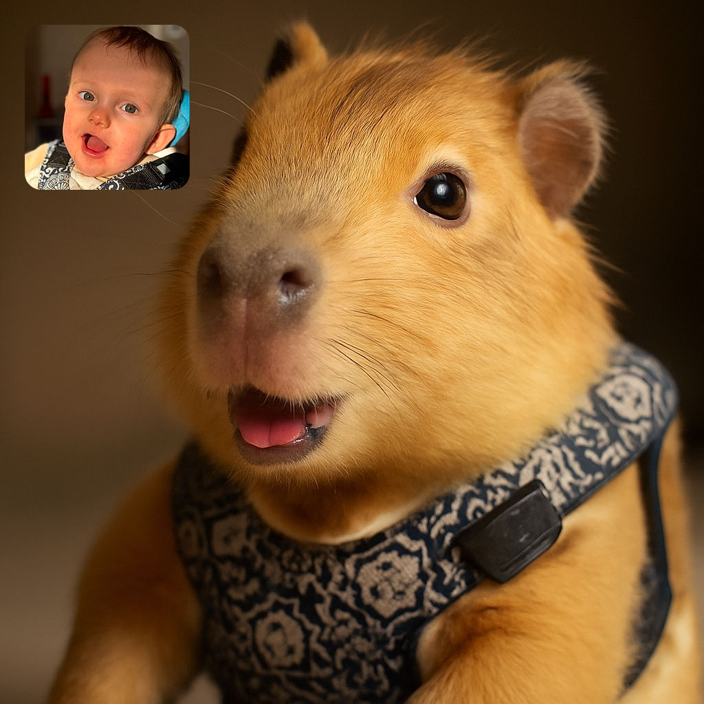 A close-up of a curious baby with sparkling eyes and an open mouth, dressed in a patterned harness, bathed in warm sunlight that highlights the softness of their skin and the tiny wisps of hair.