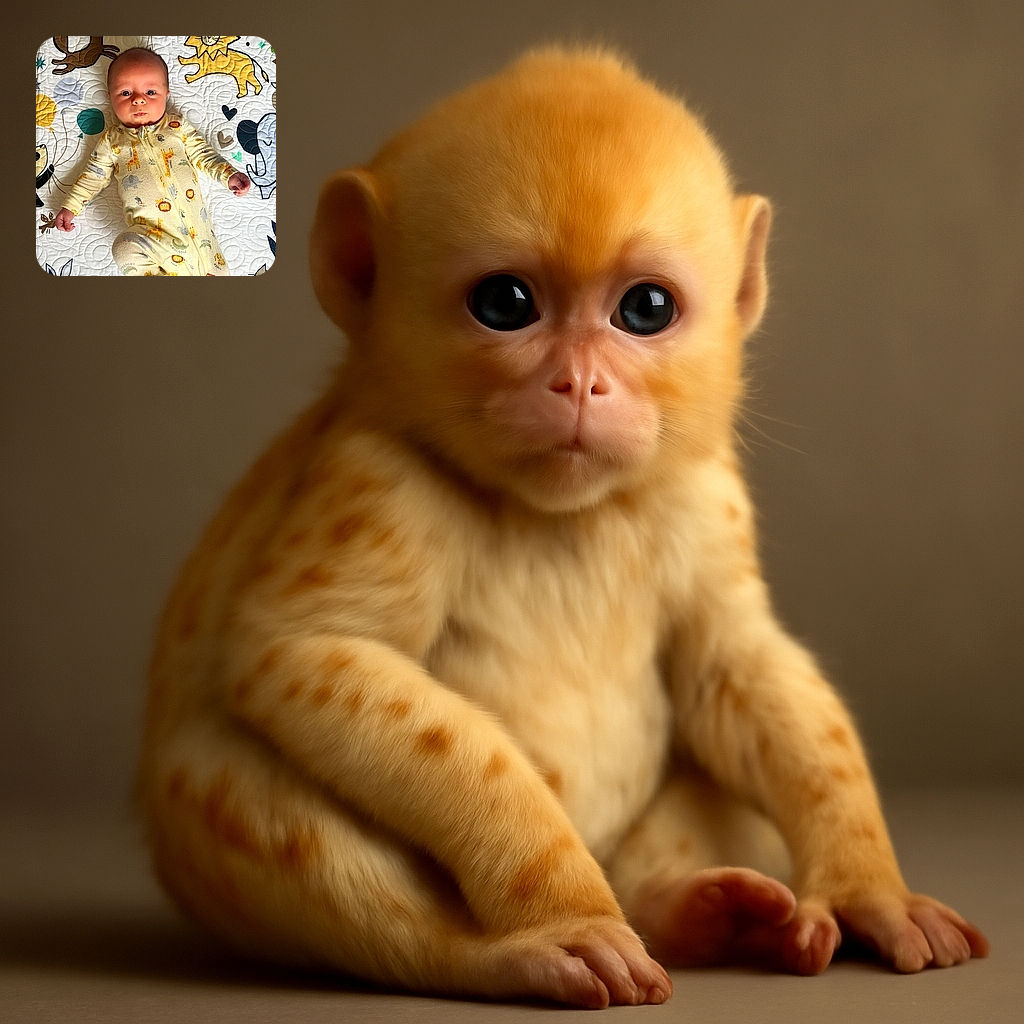 A cute baby lying on a colorful animal-themed quilt, dressed in a yellow onesie covered with giraffes, lions, and crocodiles, looking curiously at the camera with bright eyes and a slightly puckered mouth.