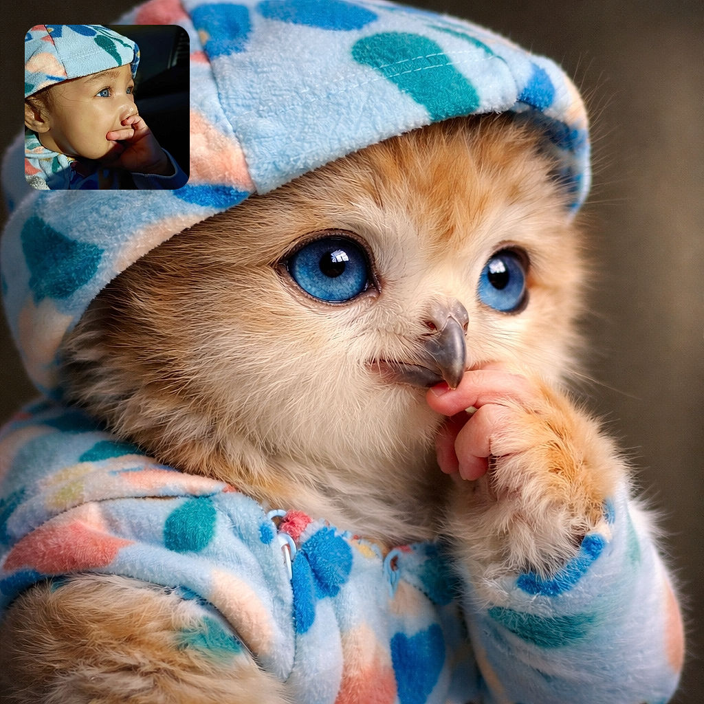A close-up portrait of a thoughtful child with striking blue eyes, wearing a colorful fleece hat and jacket, sucking on their fingers while bathed in warm, natural light that highlights the smooth skin and delicate features.