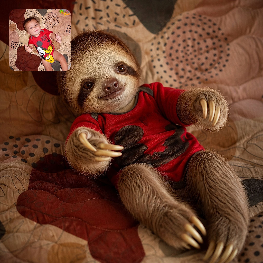 A cheerful baby lies on a boldly patterned bedspread, giving the camera double thumbs-up like a tiny CEO celebrating a very successful nap. The Mickey Mouse outfit and colorful toy add extra cartoon charm.