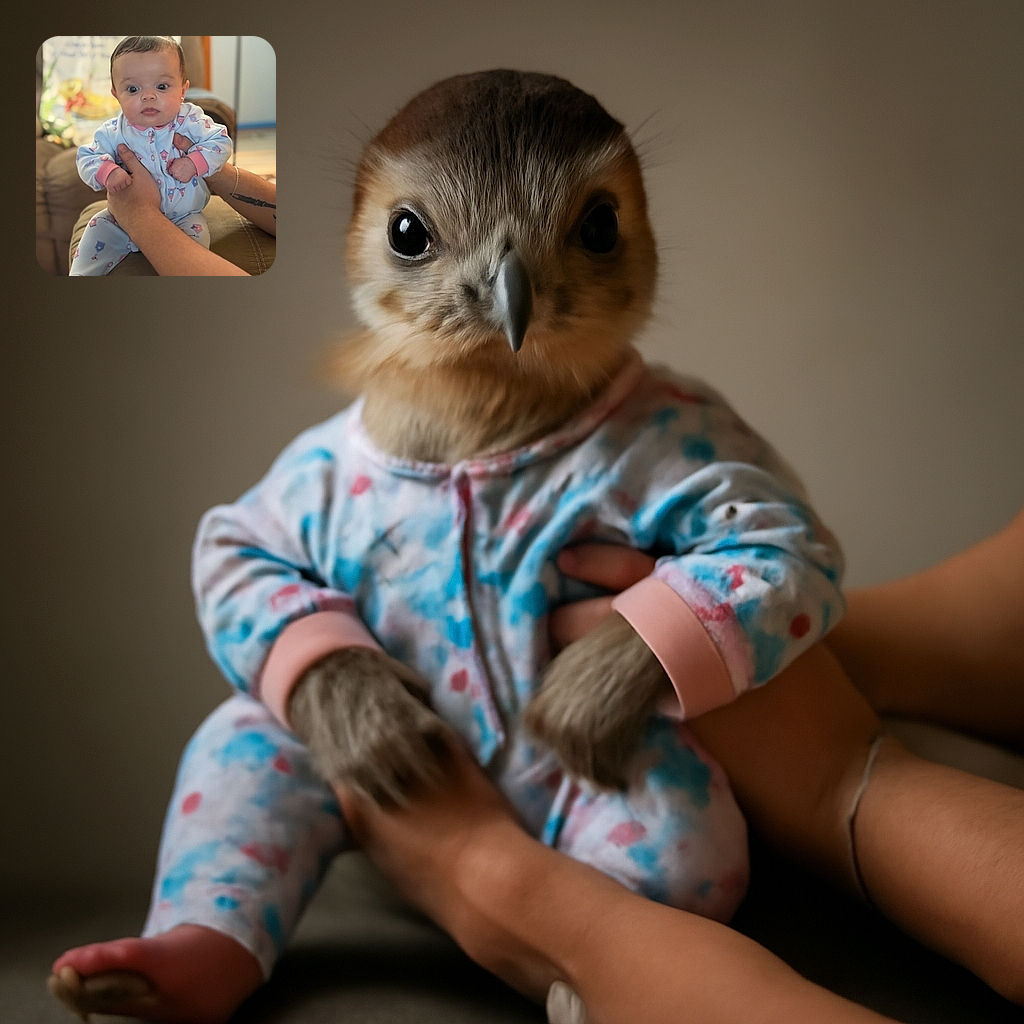 A wide-eyed baby in pastel pajamas is being held up by tattooed arms, looking curiously at the camera with a shiny wet hairstyle, while sitting comfortably on a cozy couch with a colorful, blurred background.