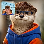 A young child with glasses and a blue hoodie takes a selfie indoors, with a light blue wall decorated with paw prints and a motivational message partially visible behind them.