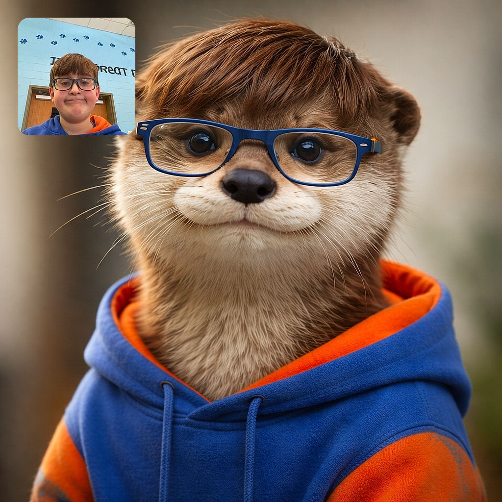 A young child with glasses and a blue hoodie takes a selfie indoors, with a light blue wall decorated with paw prints and a motivational message partially visible behind them.