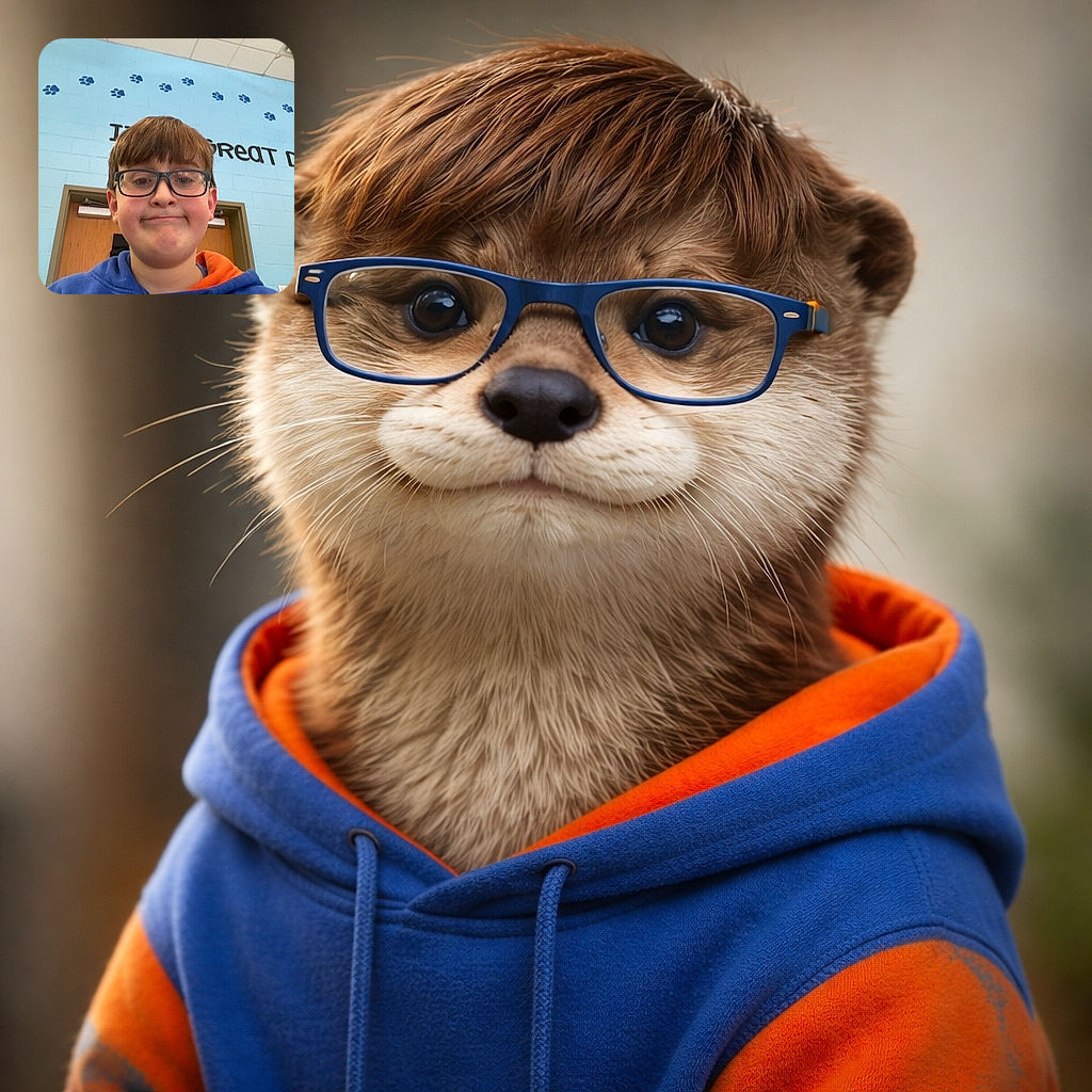 A young child with glasses and a blue hoodie takes a selfie indoors, with a light blue wall decorated with paw prints and a motivational message partially visible behind them.