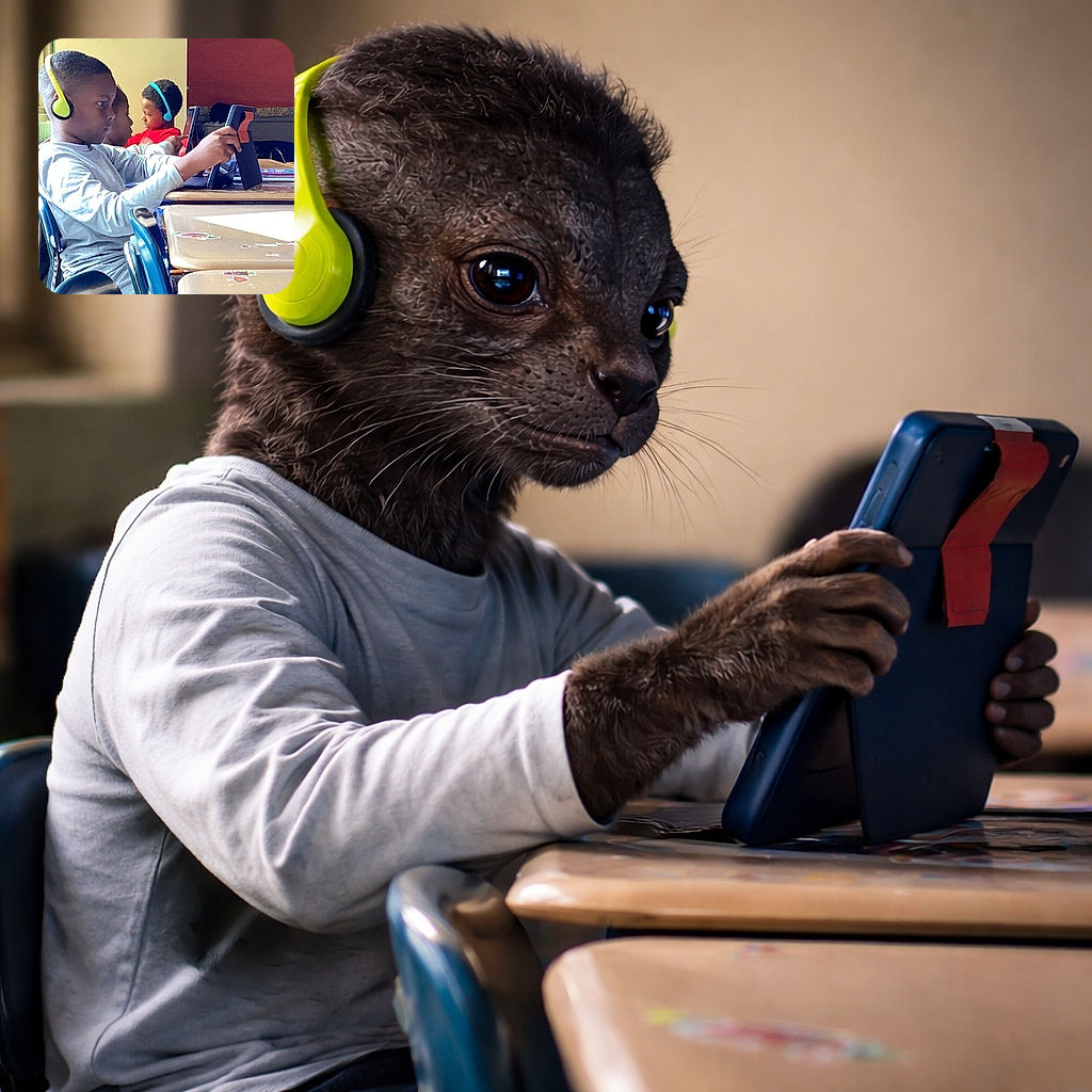 Three focused children wearing colorful headphones are seated in a classroom, each engaged with their own tablet device. The natural light from the window highlights their concentration, while the classroom setting adds a cozy educational vibe.