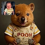 A delightful baby with rosy cheeks smiles joyfully while strapped securely in a gray car seat, wearing adorable striped clothes and a 'POOH' embroidered overall. The soft lighting highlights the baby's happy expression and smooth skin, making the moment heartwarming and pure.