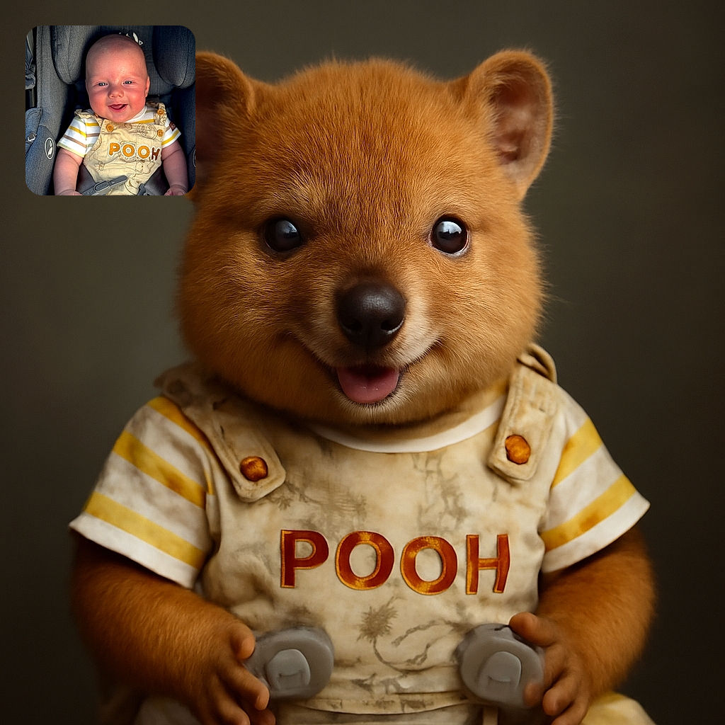 A delightful baby with rosy cheeks smiles joyfully while strapped securely in a gray car seat, wearing adorable striped clothes and a 'POOH' embroidered overall. The soft lighting highlights the baby's happy expression and smooth skin, making the moment heartwarming and pure.