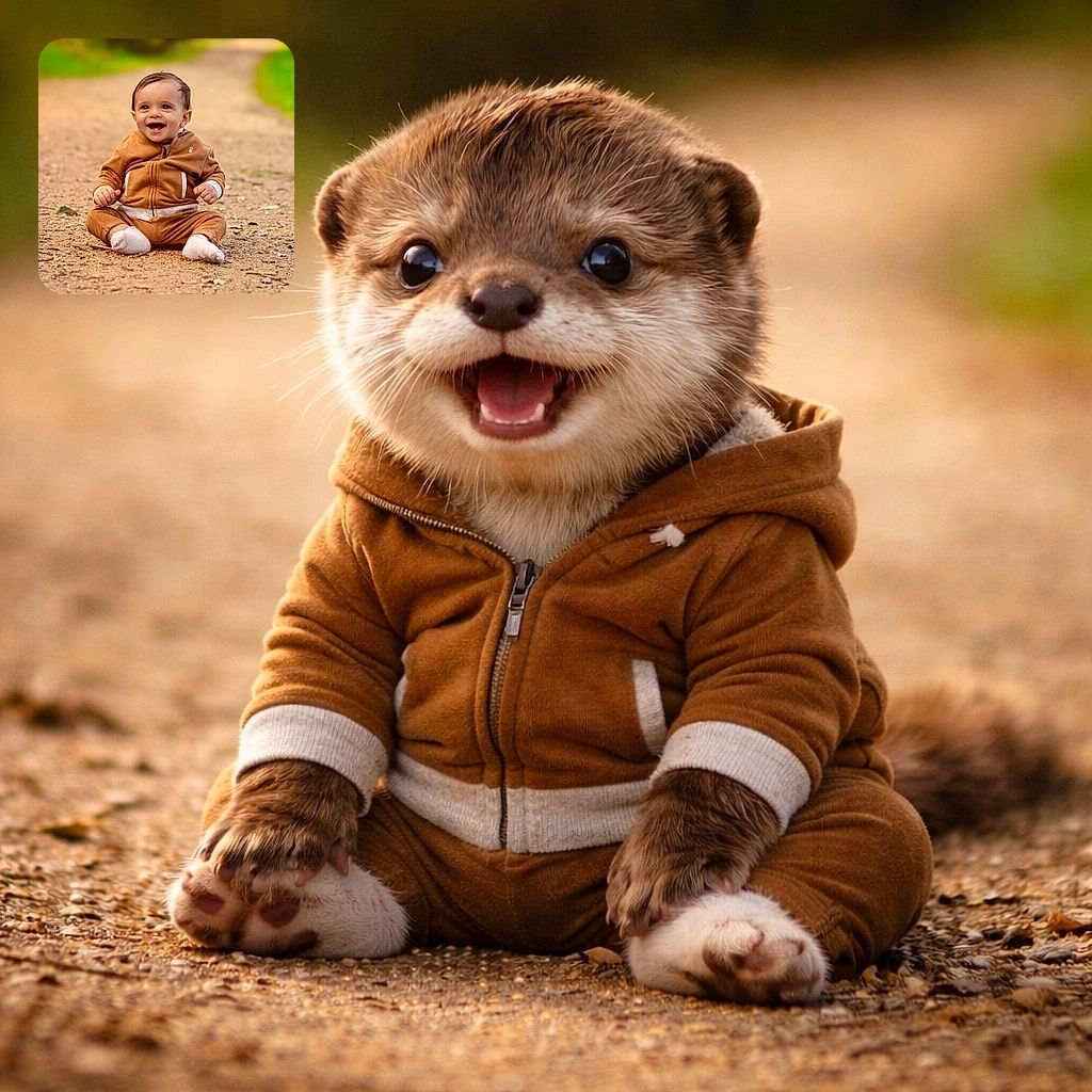 A delighted baby in a brown hoodie sits on a gravel path grinning like they just discovered cookies — tiny socks, big smile, and the background blurred into cozy autumn vibes.