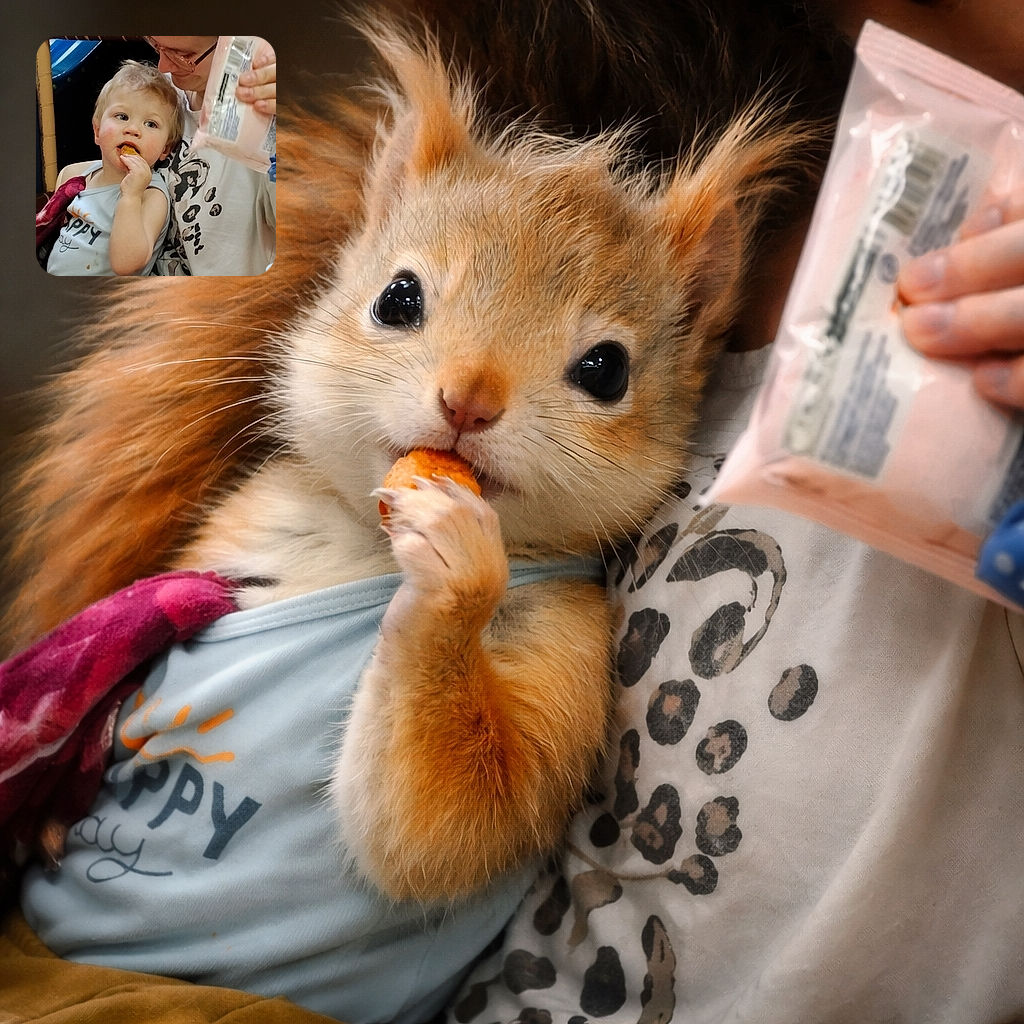 A curious toddler mid-snack sits on a caregiver's lap, fingers sticky with a nugget while the adult looks on holding a pack of wipes — a candid, cozy mealtime moment with soft indoor lighting and a clutter-free background.