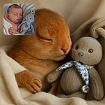 A peaceful baby is fast asleep, snuggled in a soft white blanket, clutching a cute gray bunny plushie with a floral scarf. The cozy scene radiates calm and innocence, perfect for a lullaby moment.