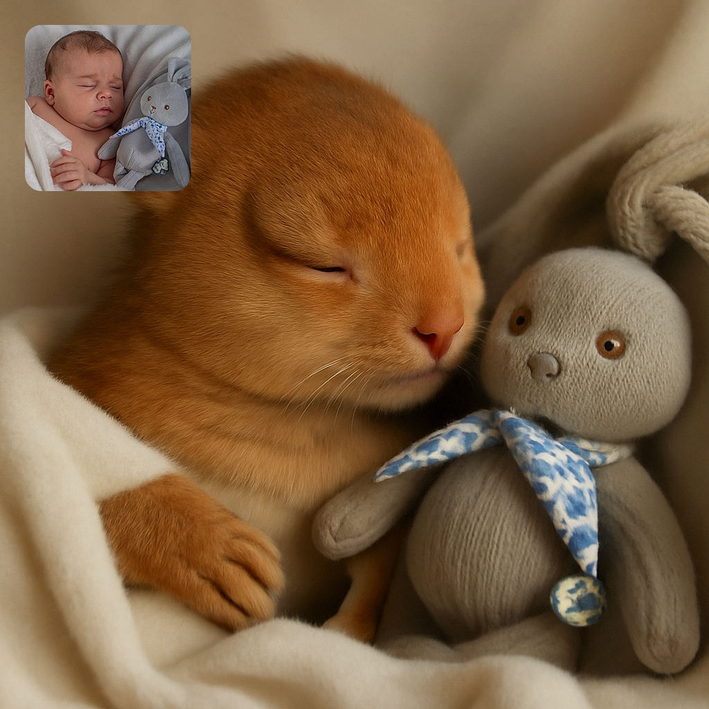 A peaceful baby is fast asleep, snuggled in a soft white blanket, clutching a cute gray bunny plushie with a floral scarf. The cozy scene radiates calm and innocence, perfect for a lullaby moment.