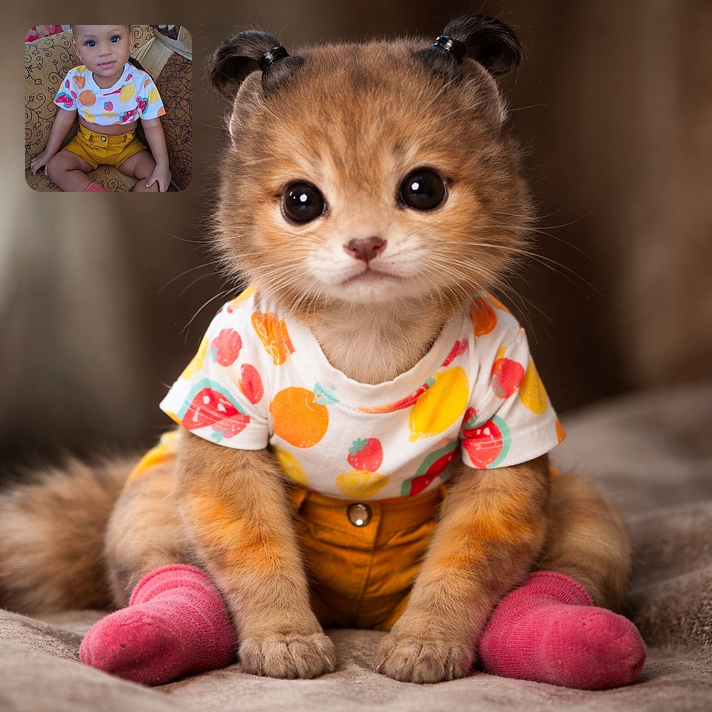 A tiny charmer perched on a patterned sofa like royalty — little pigtails, sparkly earrings, and huge curious eyes stealing the show. She's wearing a colorful fruit-print crop top, mustard shorts and pink socks, with a cartoon poster peeking in the background. The shot is warm, well-lit and candid, like a proud parent captured a perfect moment of mischievous sweetness.