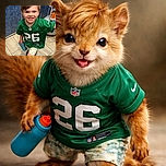 A cheerful young boy in a green NFL jersey smiles brightly at the camera while holding a blue bottle, caught mid-movement on a tiled floor with a blue wall background. Another child can be partially seen in the background, adding a playful vibe to the scene.