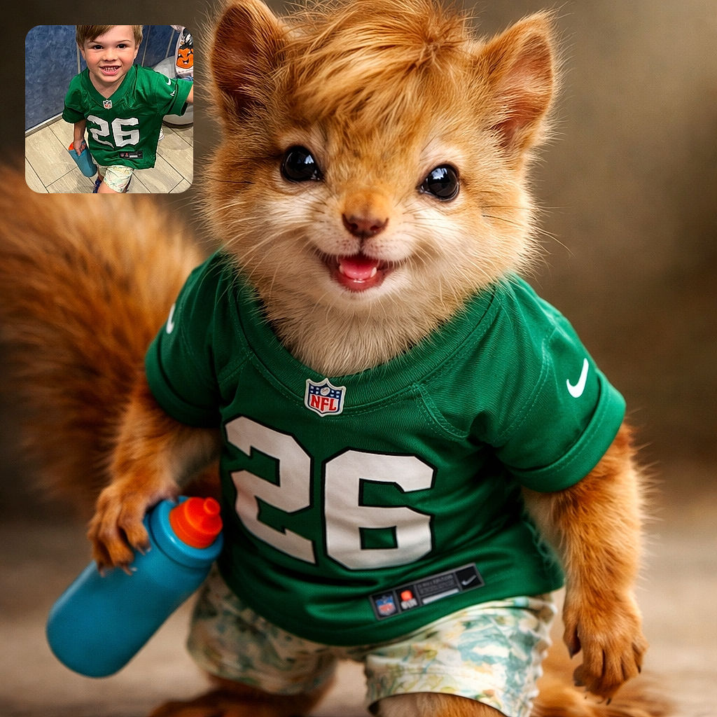 A cheerful young boy in a green NFL jersey smiles brightly at the camera while holding a blue bottle, caught mid-movement on a tiled floor with a blue wall background. Another child can be partially seen in the background, adding a playful vibe to the scene.