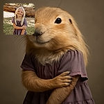 A cheerful young girl with long blonde hair stands outdoors, hugging herself with a shy smile, framed by sunlit greenery and a large fallen log in the background, radiating innocence and warmth.