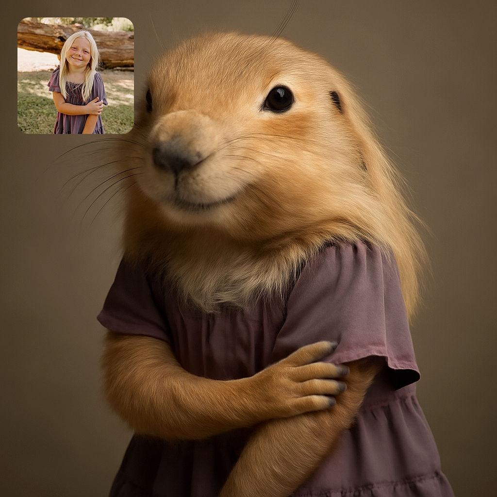 A cheerful young girl with long blonde hair stands outdoors, hugging herself with a shy smile, framed by sunlit greenery and a large fallen log in the background, radiating innocence and warmth.
