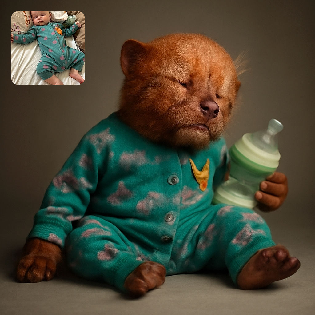 A peacefully sleeping baby dressed in a cozy green onesie with pink apple prints, lying on a bed with floral pillows and a bottle tucked beside them, radiating pure nap-time tranquility.