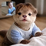 A curious toddler with rosy cheeks and tousled hair is leaning on a white surface, looking slightly sleepy but intrigued. The wooden floor and furniture in the background give a cozy home vibe.