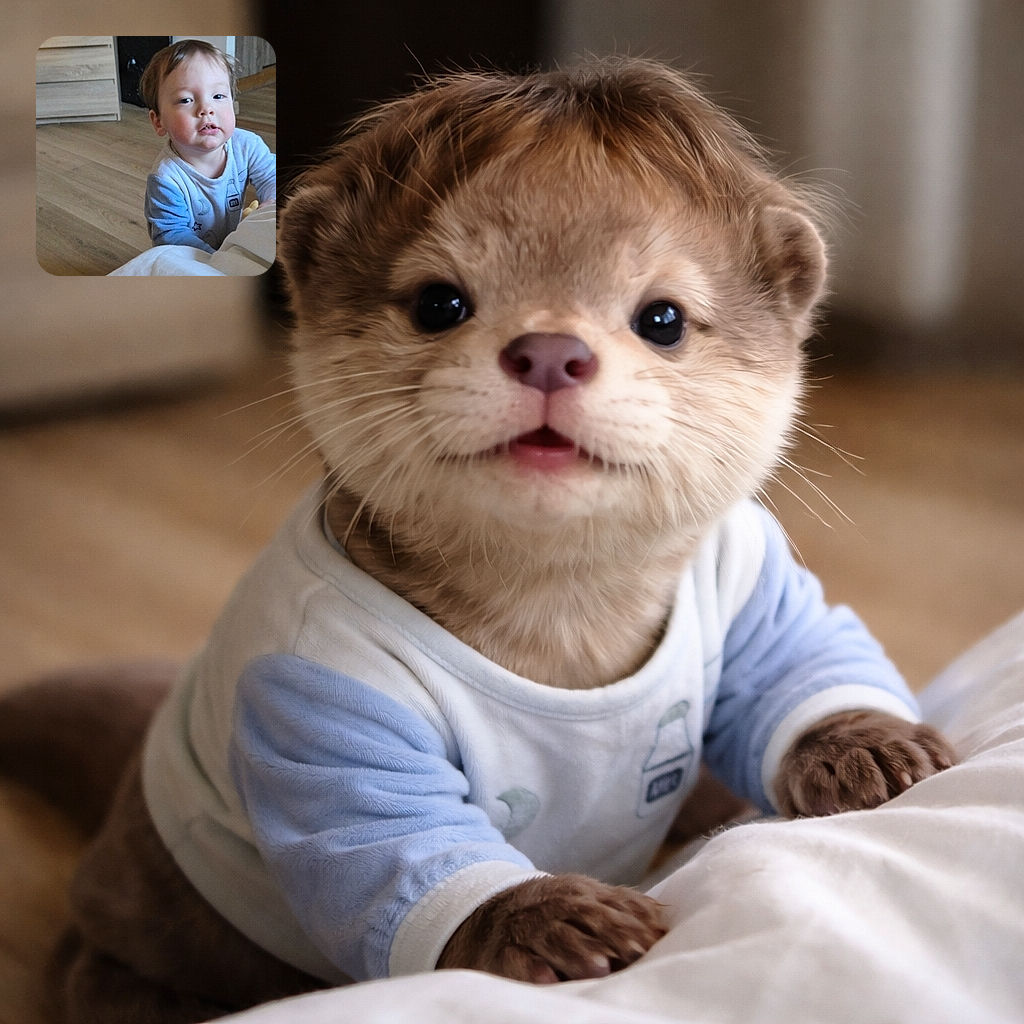 A curious toddler with rosy cheeks and tousled hair is leaning on a white surface, looking slightly sleepy but intrigued. The wooden floor and furniture in the background give a cozy home vibe.