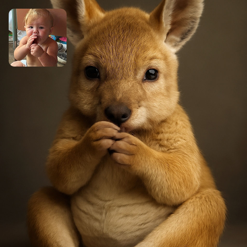 A chubby baby sitting on a rough floor, wearing only a diaper, is curiously chewing on a sausage while looking directly at the camera. The background shows a cluttered area with shoes and a chair, adding a casual, candid vibe to the scene.