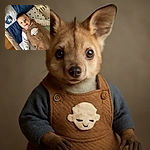 A cheerful baby lying on a colorful padded play mat, wearing a cozy brown outfit with a cute sheep patch, surrounded by toys including a giraffe and a small car, looking up with bright eyes and a smile.