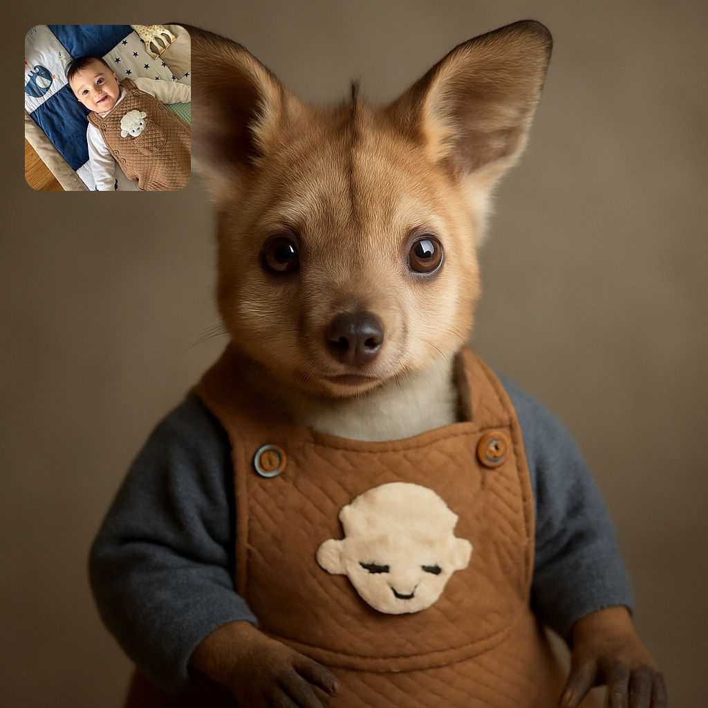 A cheerful baby lying on a colorful padded play mat, wearing a cozy brown outfit with a cute sheep patch, surrounded by toys including a giraffe and a small car, looking up with bright eyes and a smile.