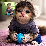 A wide‑eyed toddler sits on a fluffy pink rug on fake grass, gripping a spiky blue ball like it’s a tiny planet — sunlit patio in the back, a cooling fan and a sneaker cameo to the side. The kid is the undeniable star, giving a solemn, adorable stare that says, “I may be small, but I own this turf.”