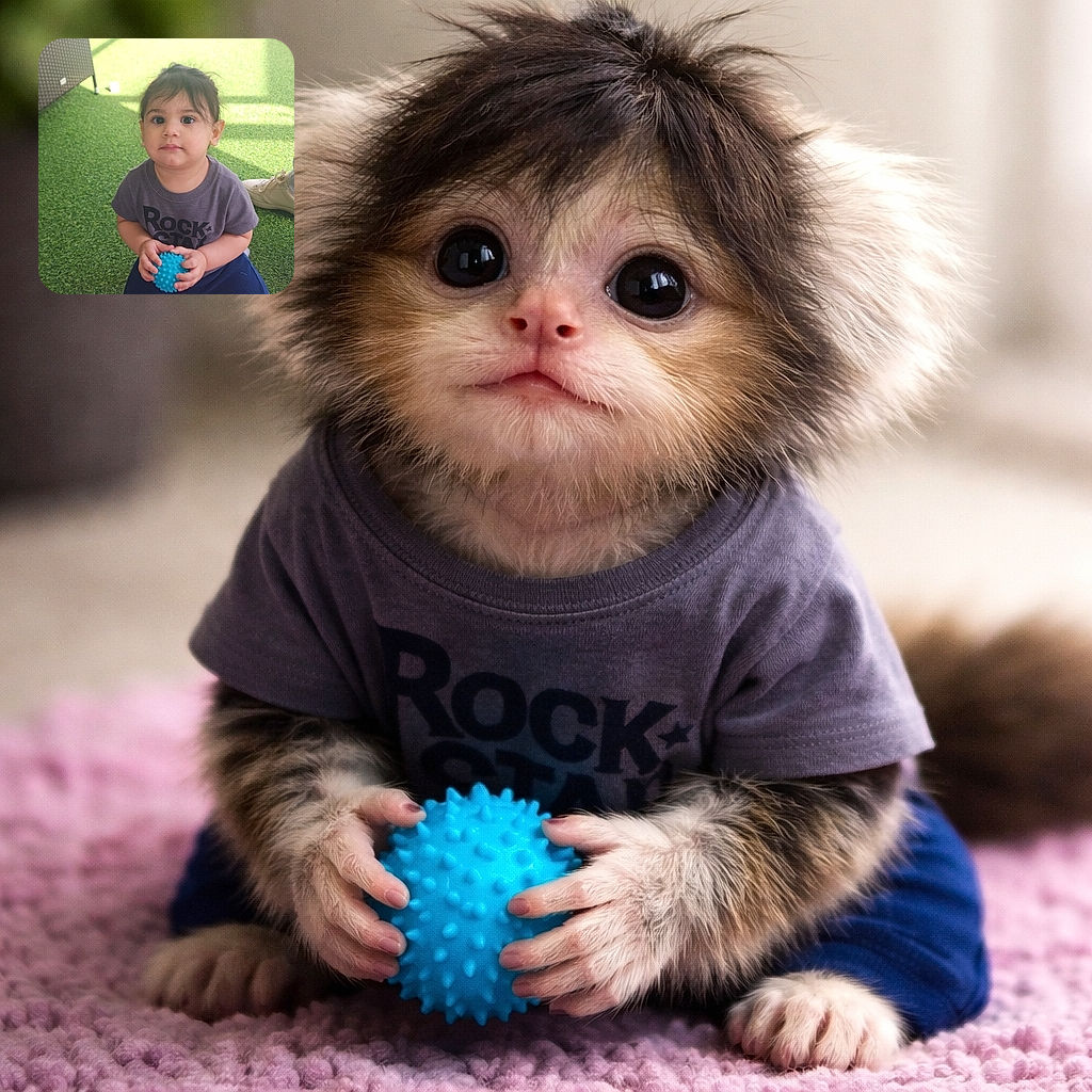 A wide‑eyed toddler sits on a fluffy pink rug on fake grass, gripping a spiky blue ball like it’s a tiny planet — sunlit patio in the back, a cooling fan and a sneaker cameo to the side. The kid is the undeniable star, giving a solemn, adorable stare that says, “I may be small, but I own this turf.”
