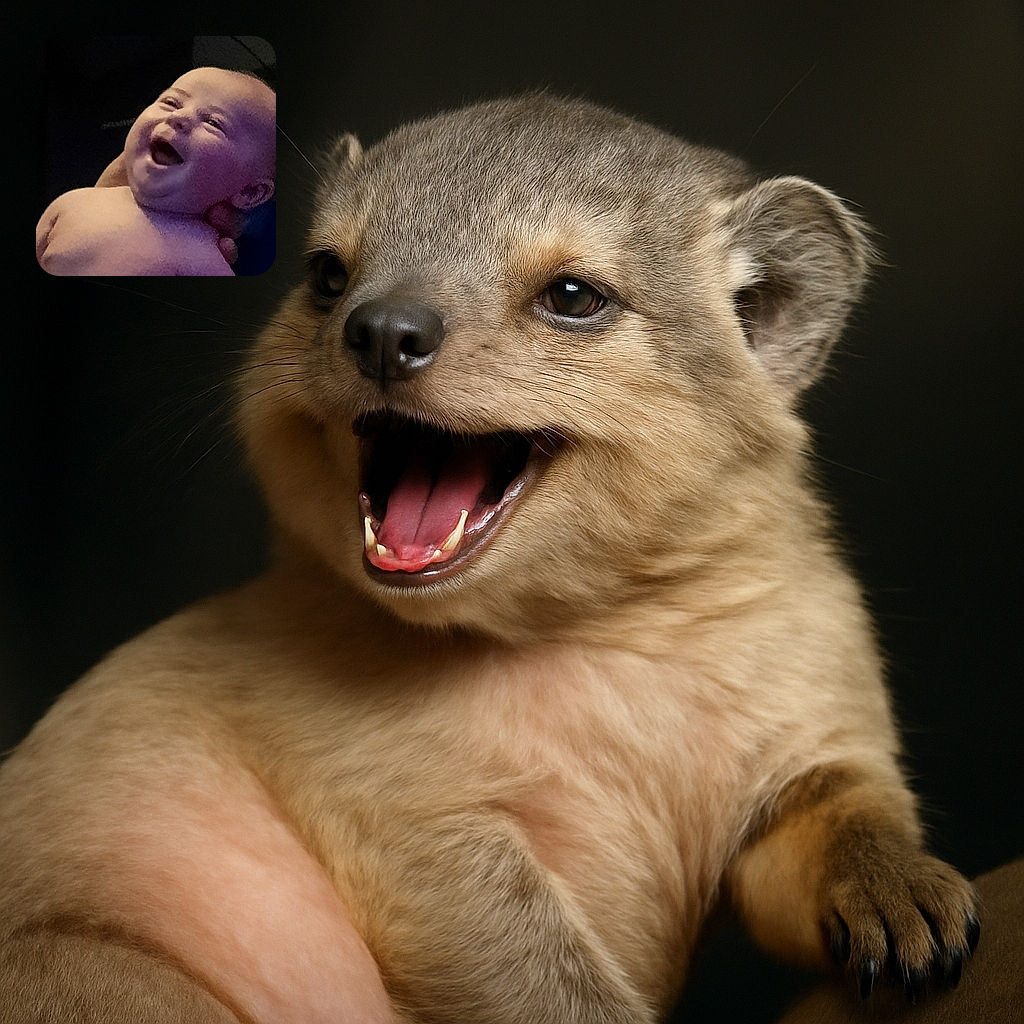 A joyful baby with a big open-mouth laugh, bathed in soft light against a dark background, held gently by a hand, radiating pure happiness and innocence.