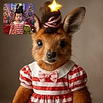 A wide-eyed toddler dressed like a peppermint candy cane, complete with a candy cane hairdo topped with a glowing star, poses with a mischievous Grinch plush in a cozy, festive room filled with Christmas trees and presents.