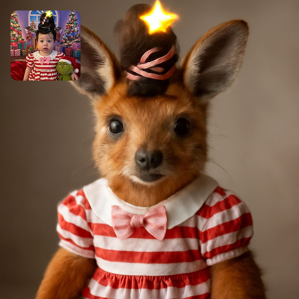 A wide-eyed toddler dressed like a peppermint candy cane, complete with a candy cane hairdo topped with a glowing star, poses with a mischievous Grinch plush in a cozy, festive room filled with Christmas trees and presents.
