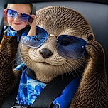 A cheerful little passenger is buckled into a car seat, flashing an adorable smirk while sporting enormous blue sunglasses that make him look like a tiny celebrity on tour.