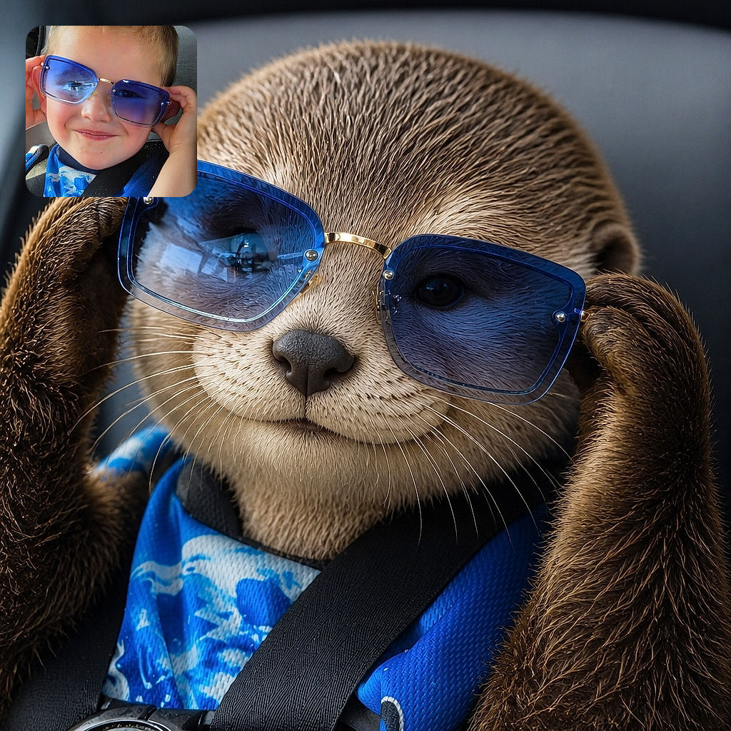 A cheerful little passenger is buckled into a car seat, flashing an adorable smirk while sporting enormous blue sunglasses that make him look like a tiny celebrity on tour.