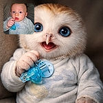 A wide-eyed baby clutching a blue pacifier with a surprised expression, dressed in a cozy light-colored onesie, sitting against a textured fabric background.