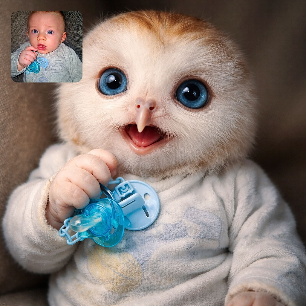 A wide-eyed baby clutching a blue pacifier with a surprised expression, dressed in a cozy light-colored onesie, sitting against a textured fabric background.