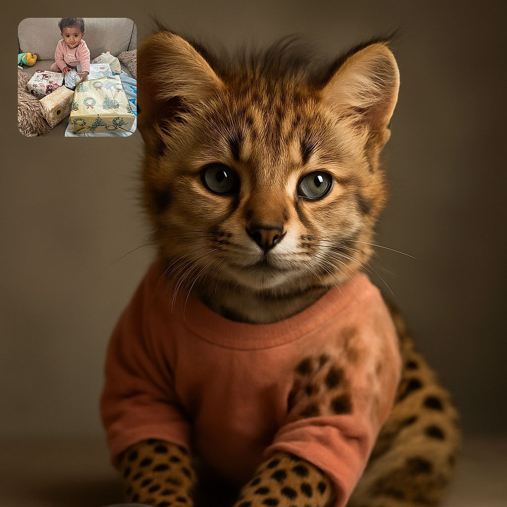 A curious toddler with big eyes and a playful smile is sitting on a cozy couch surrounded by several beautifully wrapped Christmas presents, ready to unwrap the holiday joy.