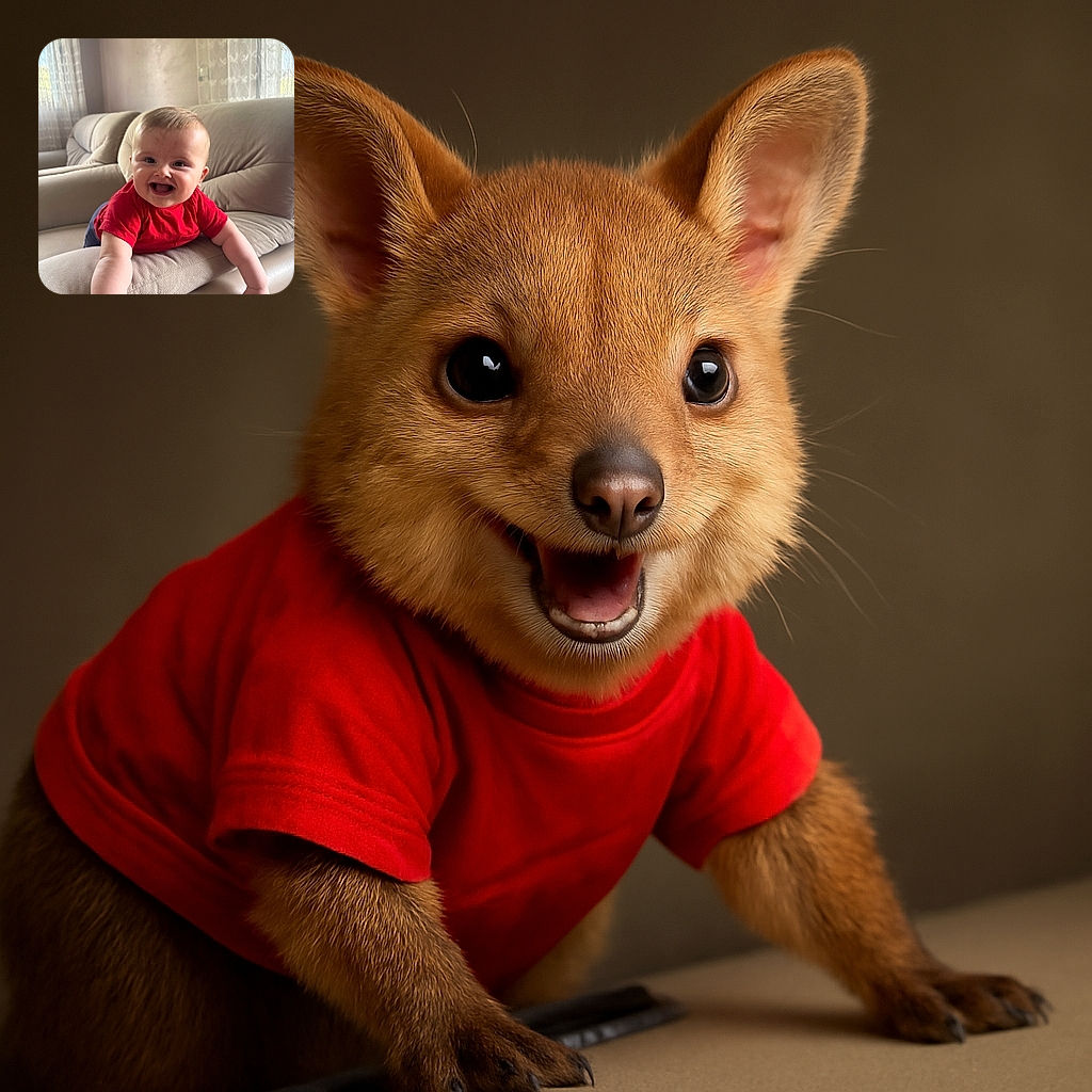 A joyful baby in a bright red shirt is gleefully crawling over a beige couch, with a cozy living room backdrop featuring soft curtains and muted walls. The baby's infectious smile and sparkling eyes light up the scene, making it a heartwarming snapshot of pure happiness.