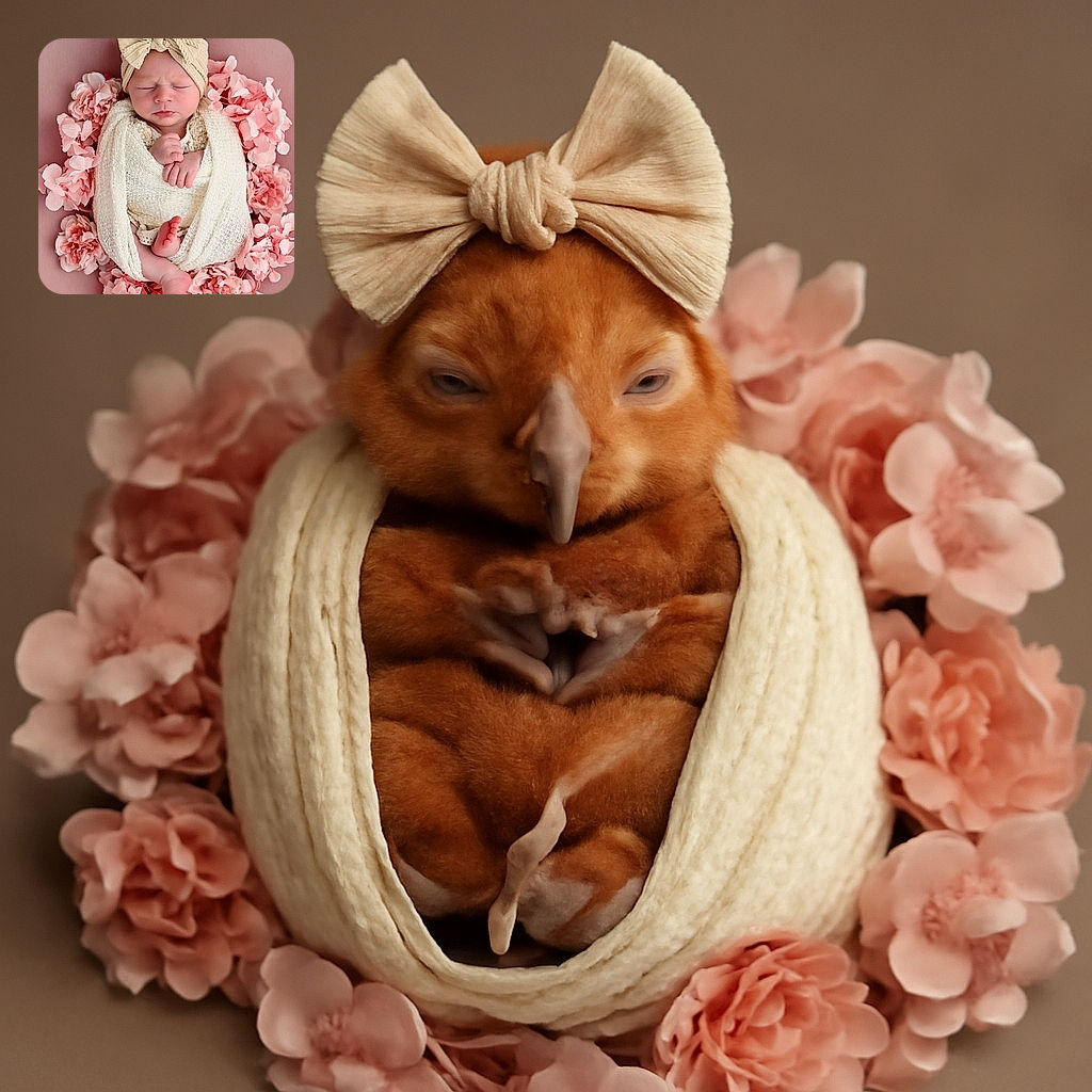 A peacefully sleeping newborn baby wrapped snugly in a soft cream-colored blanket, adorned with a large bow headband, nestled in a circle of delicate pink flowers against a muted pink background.
