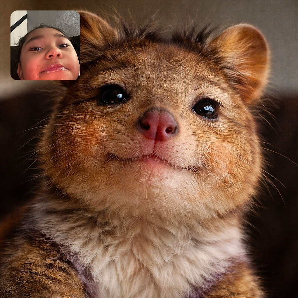 A close-up selfie of a young child with a messy face, possibly from eating something creamy or sticky, looking curiously at the camera with a slightly amused expression. The background shows a plain wall and part of a couch.