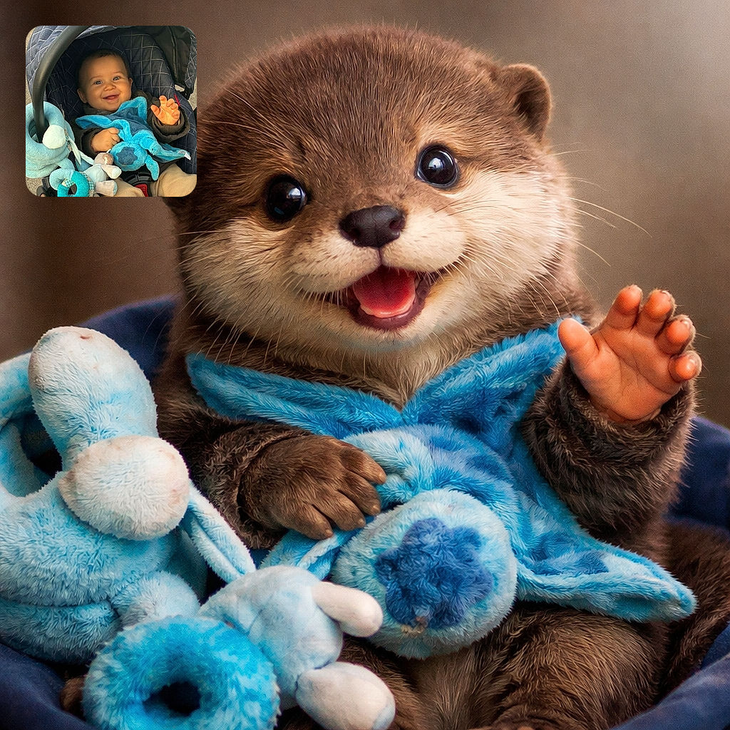 A giddy baby beams like a tiny stand-up comedian, cozied into a navy quilted stroller with a blue plush blanket and toys scattered on their lap, one hand waving while the stroller handle frames the scene and pavement peeks out in the background.