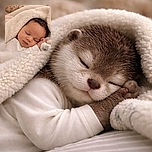 A peaceful sleeping baby wrapped snugly in a fluffy cream-colored blanket, with a soft teddy bear blurred gently in the background, creating a warm and cozy atmosphere.