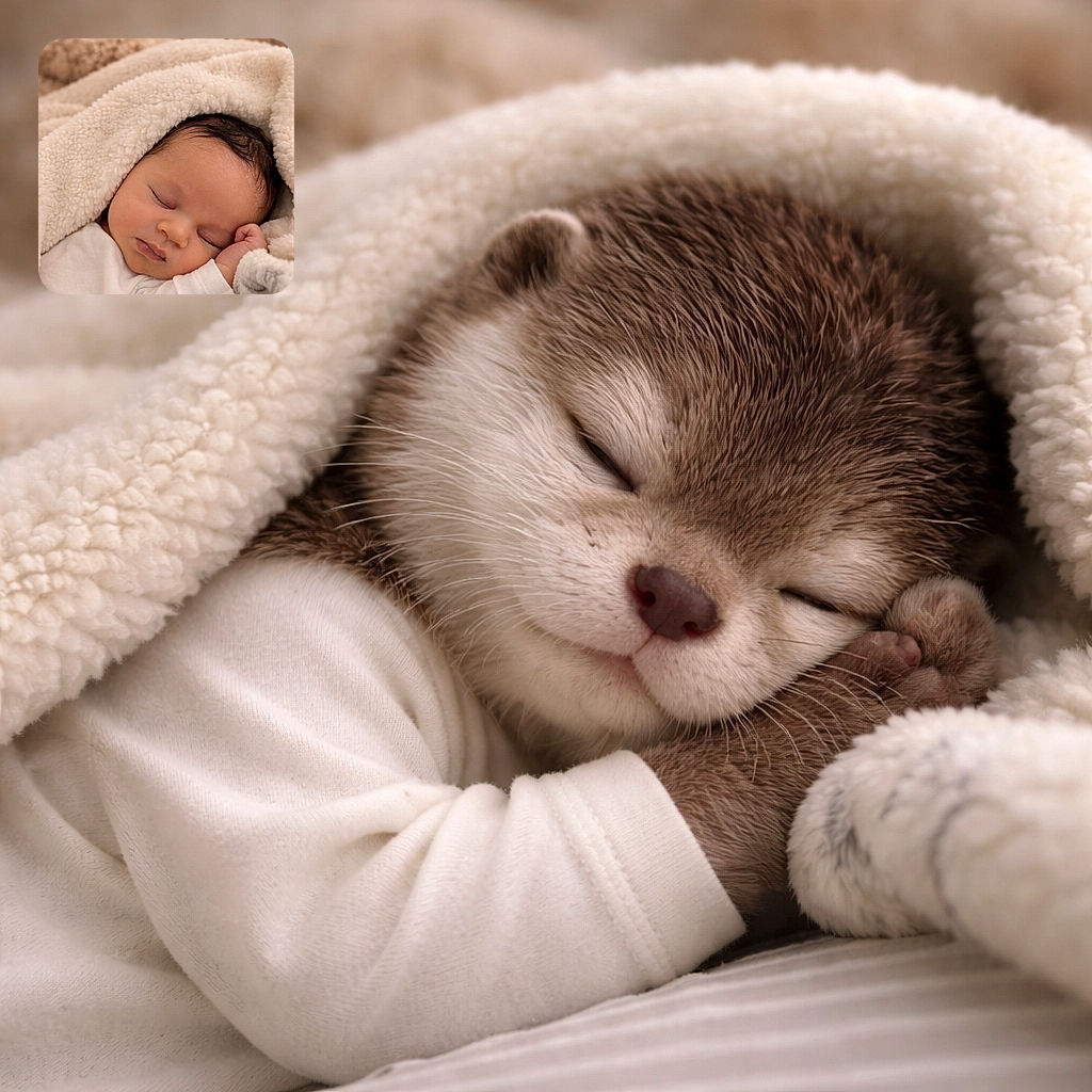 A peaceful sleeping baby wrapped snugly in a fluffy cream-colored blanket, with a soft teddy bear blurred gently in the background, creating a warm and cozy atmosphere.