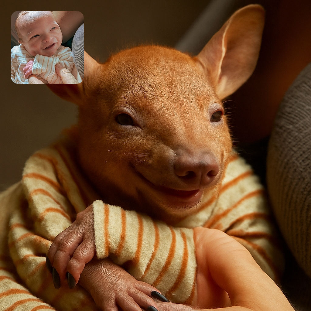 A close-up shot of a smiling newborn baby wrapped in a striped onesie, cradled gently by an adult hand, radiating warmth and pure joy with soft natural lighting highlighting the baby's delicate features.