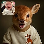 A close-up of a happy baby with bright eyes and a big smile, wearing a white outfit with a cute deer illustration. The background shows a cozy indoor setting with blankets and a table with some items on it.