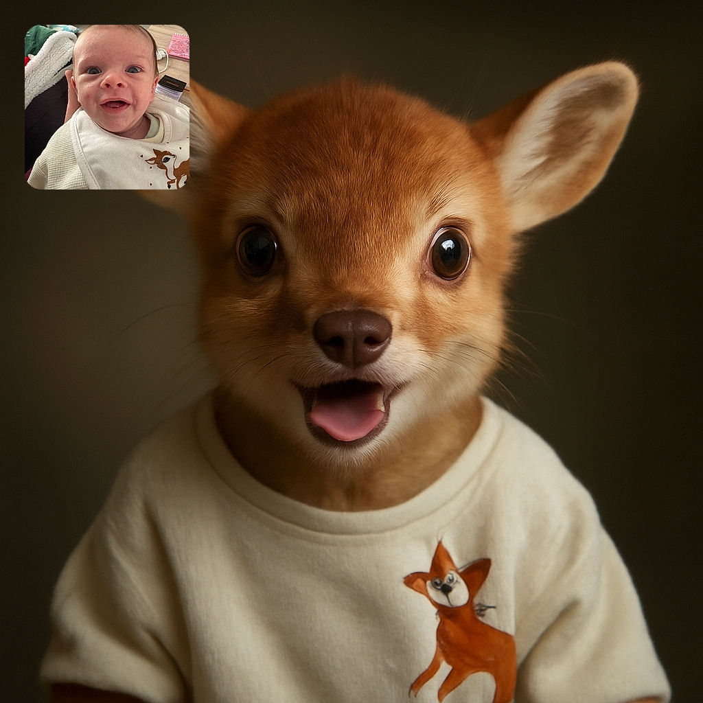 A close-up of a happy baby with bright eyes and a big smile, wearing a white outfit with a cute deer illustration. The background shows a cozy indoor setting with blankets and a table with some items on it.