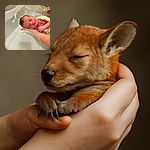 A peaceful newborn is gently cradled in a hand while taking a bath, with water softly rippling around and a calm, tender atmosphere filling the scene.